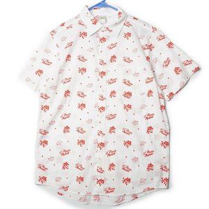 Disney Toy Story Adult Button Up Shirt L Pizza Planet White Red Short Sleeve Men